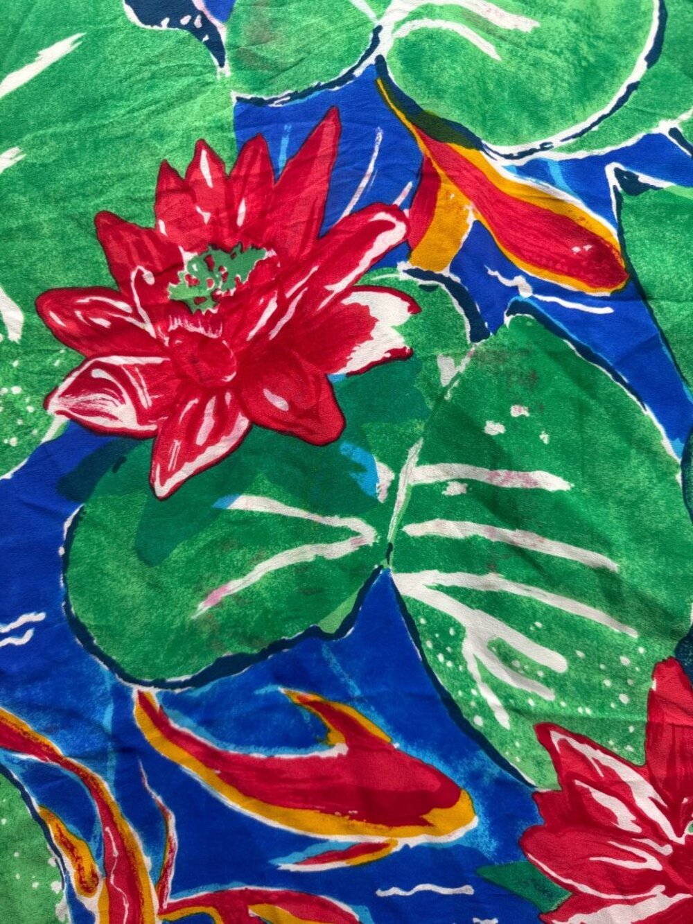 Vintage Ginnie Johansen Scarf Red Silk Lotus Flower Koi Fish Floral Square Artsy - Picture 2 of 10